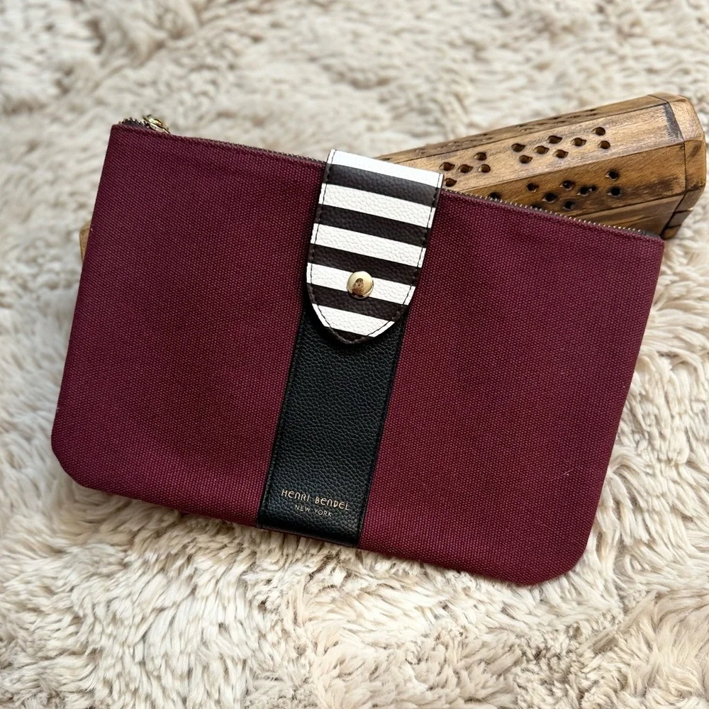 Henri Bendel Iconic Maroon Black White Zip Closure Cosmetic Bag or Small Clutch